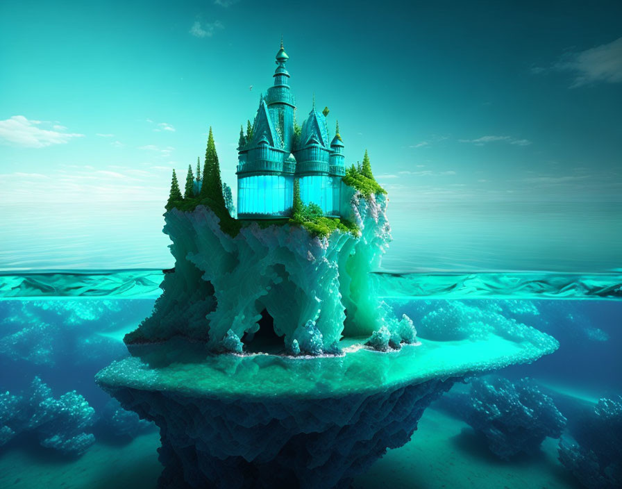 A blue glass castle in an emerald sea
