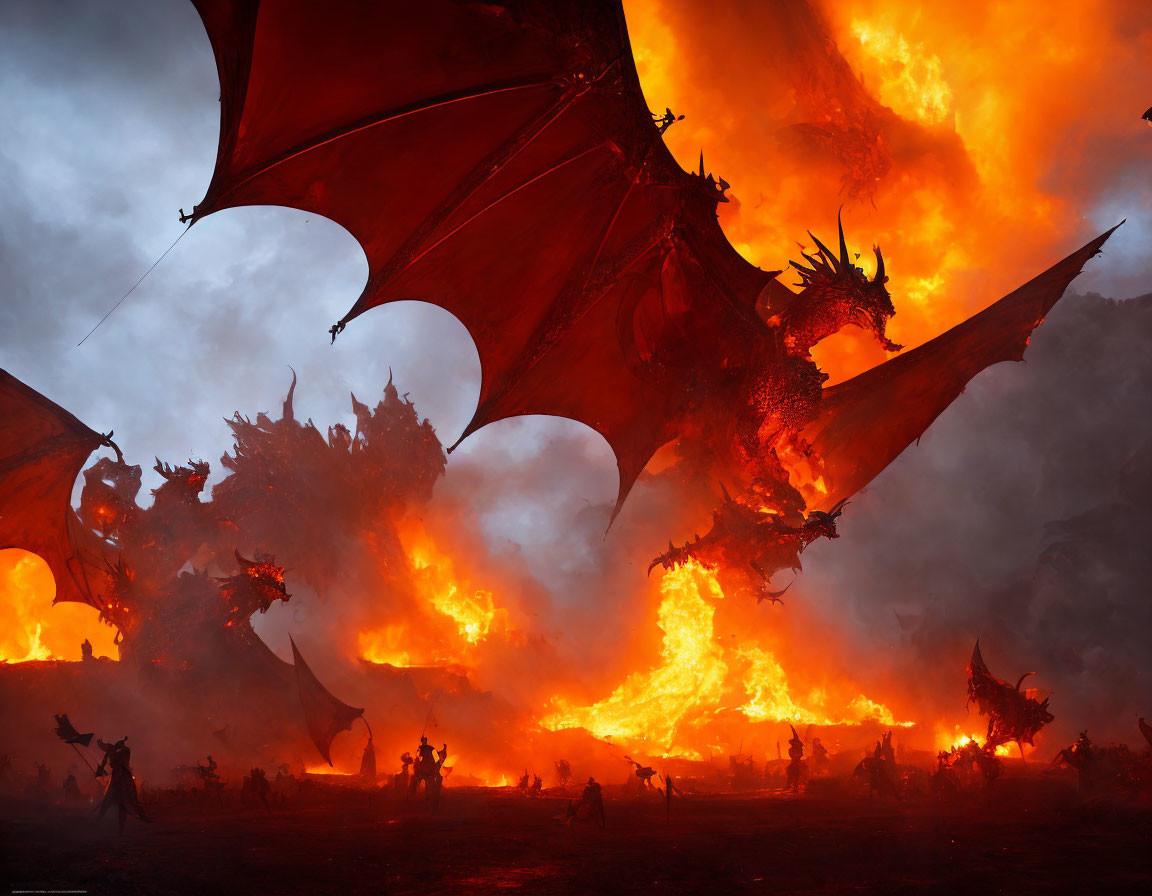 Fantasy scene: Dragons breathing fire in chaotic battlefield.