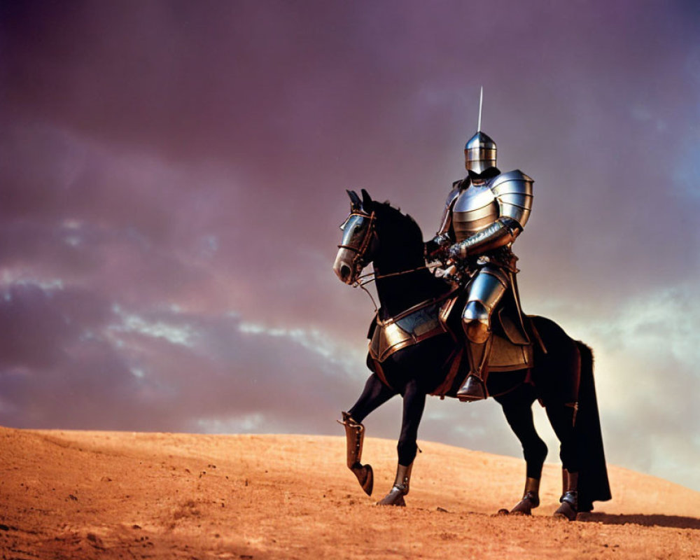 Knight in Shining Armor on Horse in Dusky Sky Scene