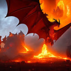 Fantasy scene: Dragons breathing fire in chaotic battlefield.