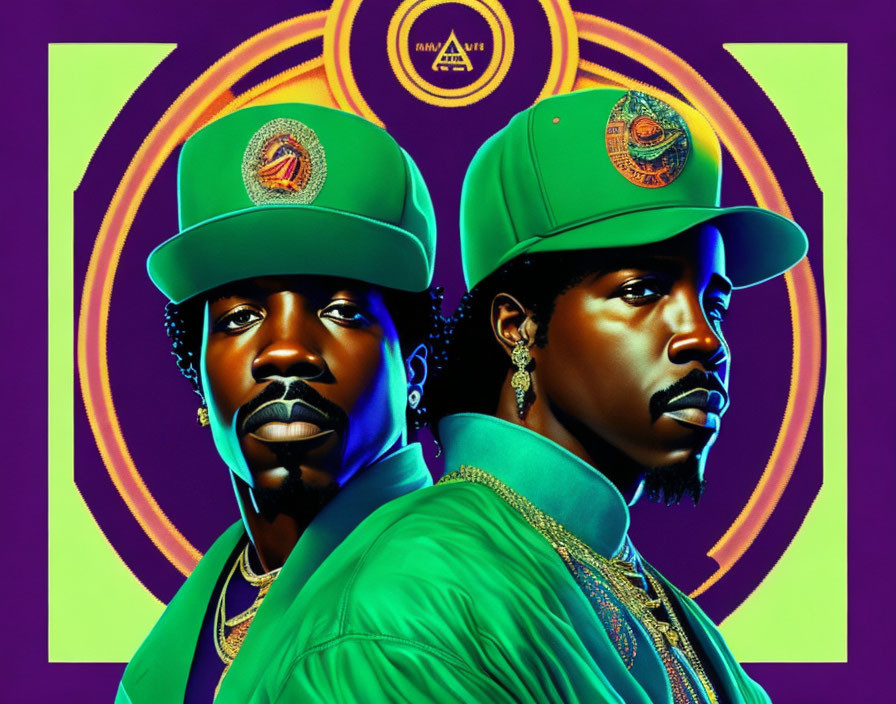 Symmetrical illustration of two men in green caps and gold attire on purple and gold background