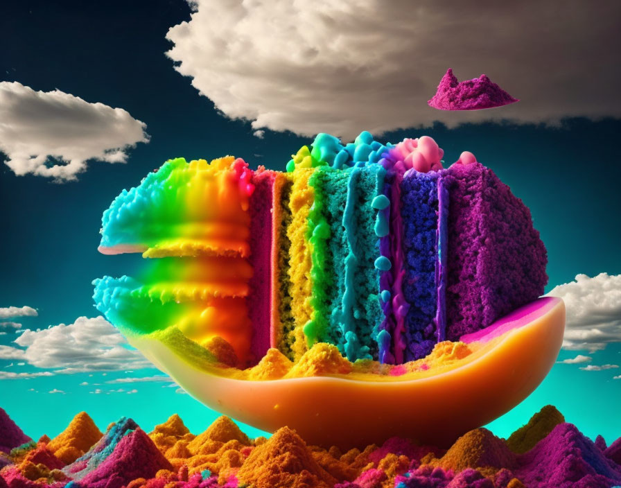 Colorful Digital Art: Rainbow Cake in Fantasy Landscape