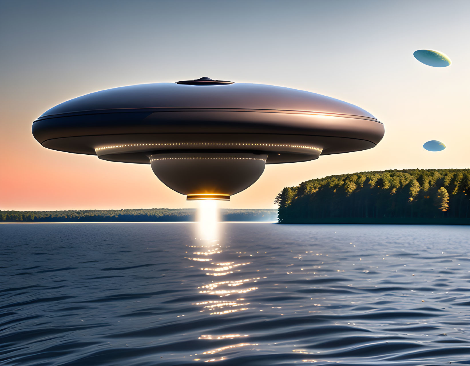 Unidentified Flying Object over serene lake at sunset