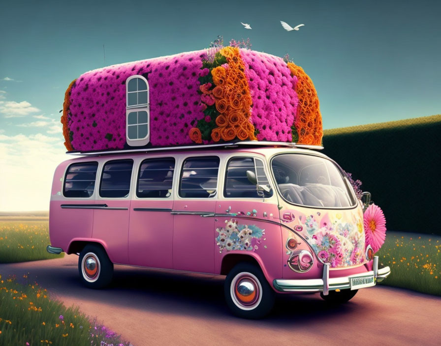 Colorful retro van with flower-covered roof in whimsical countryside landscape
