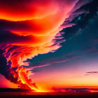 Vibrant red and orange clouds in dramatic sky over dark horizon