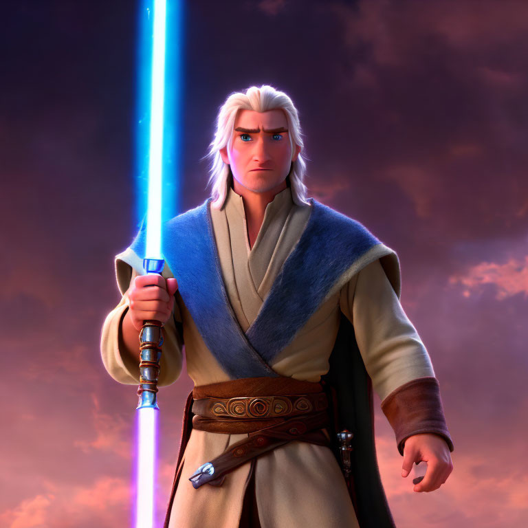 Blue lightsaber-wielding animated character in Jedi robe under dramatic sky