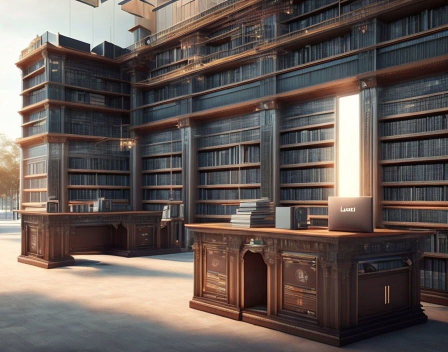 Traditional library with wooden bookshelves and computer monitor