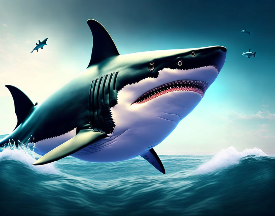 Giant shark leaping from ocean with birds in sky