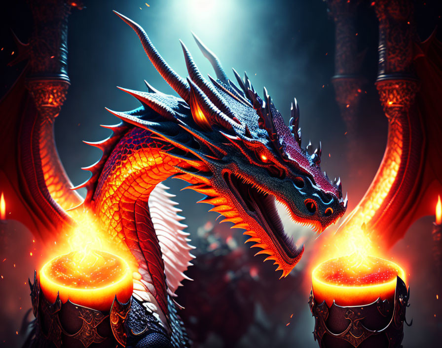 Majestic red and blue dragon with horns and spikes in fiery cauldron scene