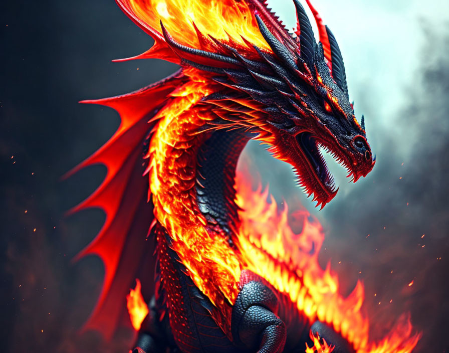 Red-scaled dragon breathing orange flames in dark setting