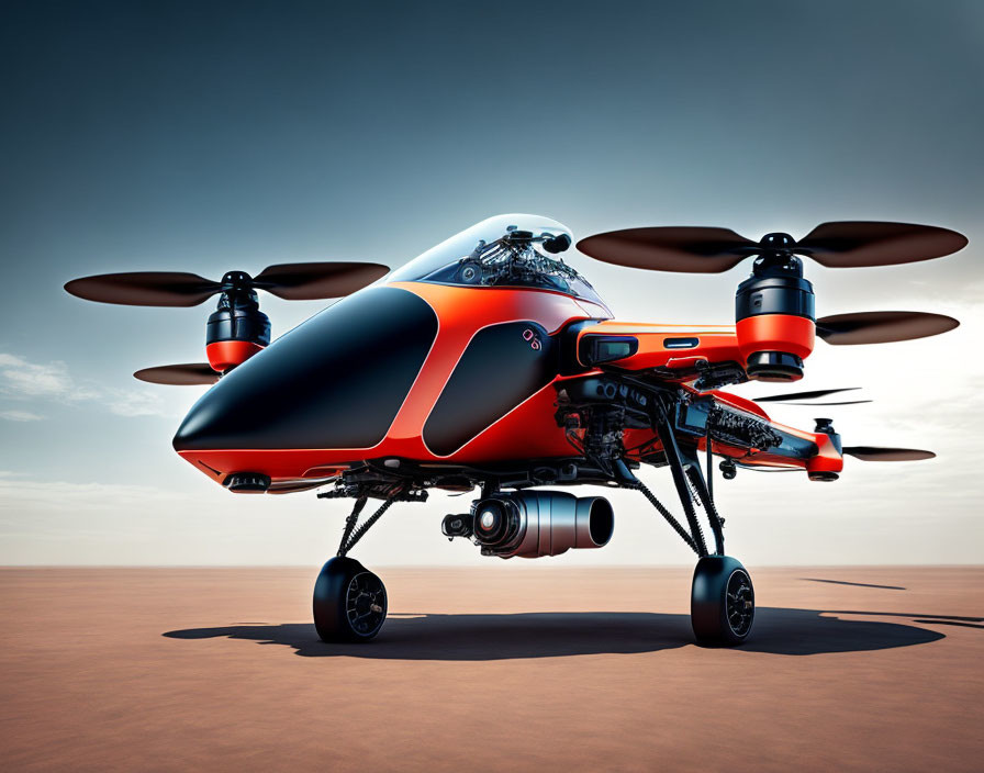 Futuristic orange and black drone with multiple rotors and camera on landing gear in desert.