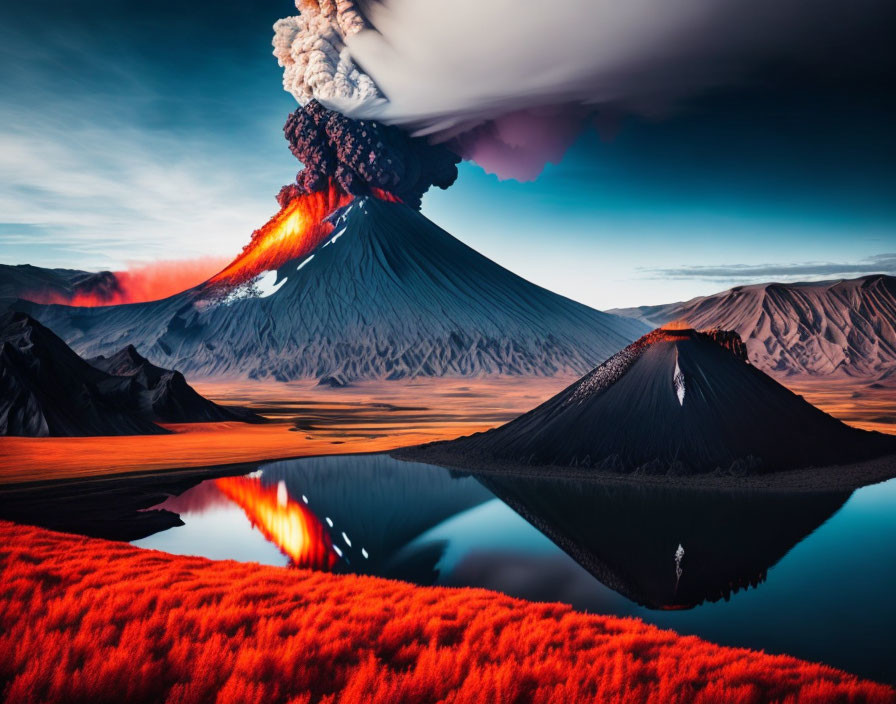 Volcanic eruption landscape with red flora, lake reflection, and blue skies