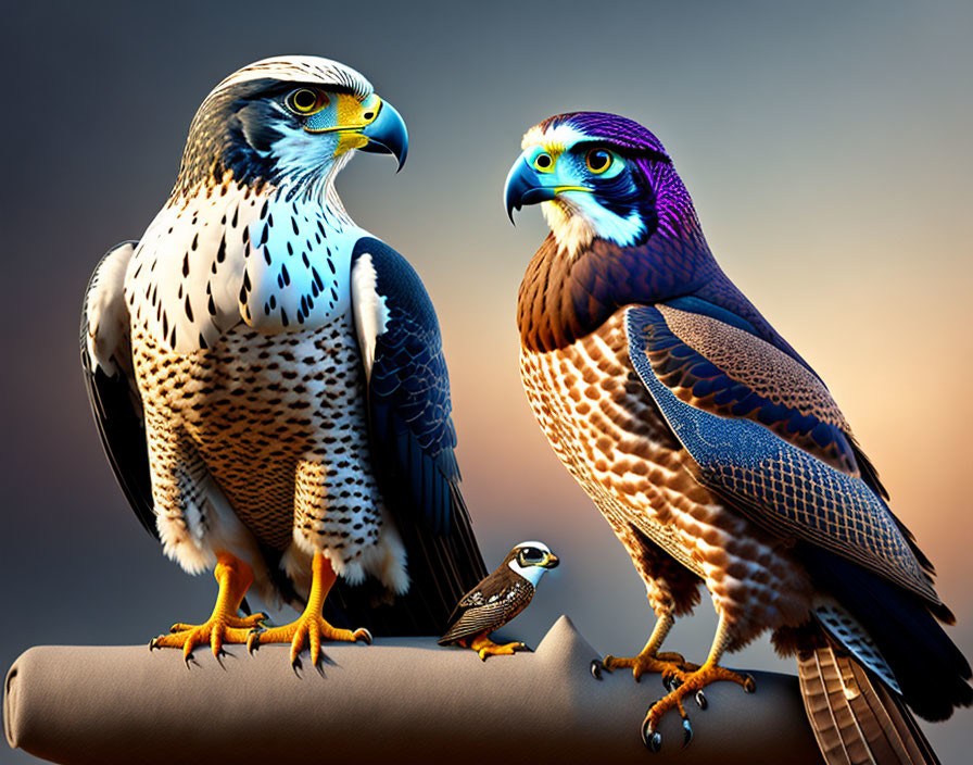 Vividly Colored Falcons with Intricate Feather Patterns Perched Together