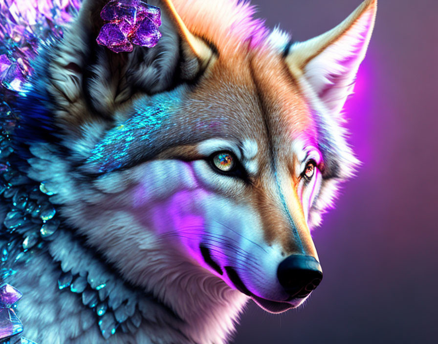 Vivid Purple and Blue Wolf Artwork with Crystals and Amethyst-like Structure