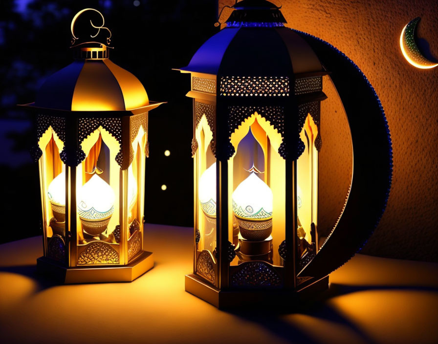 Ornate lanterns casting warm glow against crescent moon motif on dark background