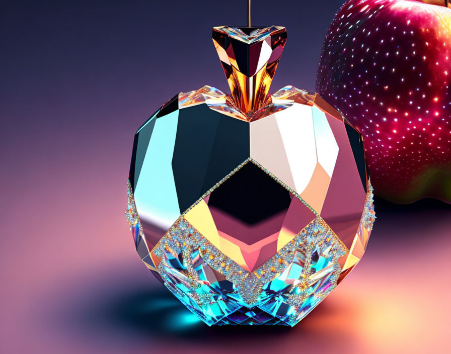 Crystal Perfume Bottle and Red Apple on Gradient Background