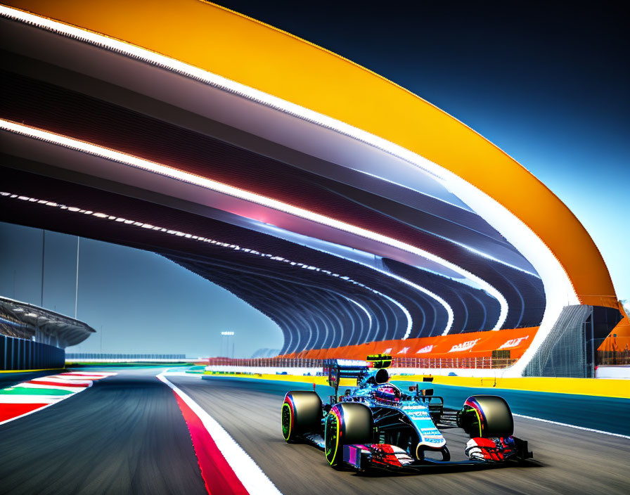Vibrant Formula 1 car on colorful race track with motion blur.