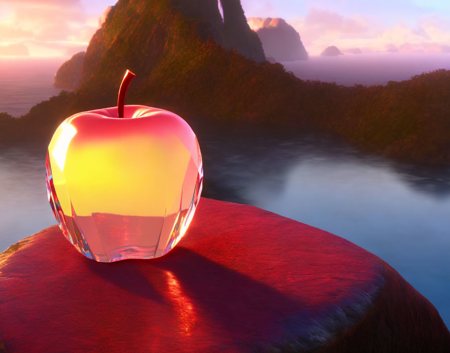 Shiny crystal apple on red rock by serene river