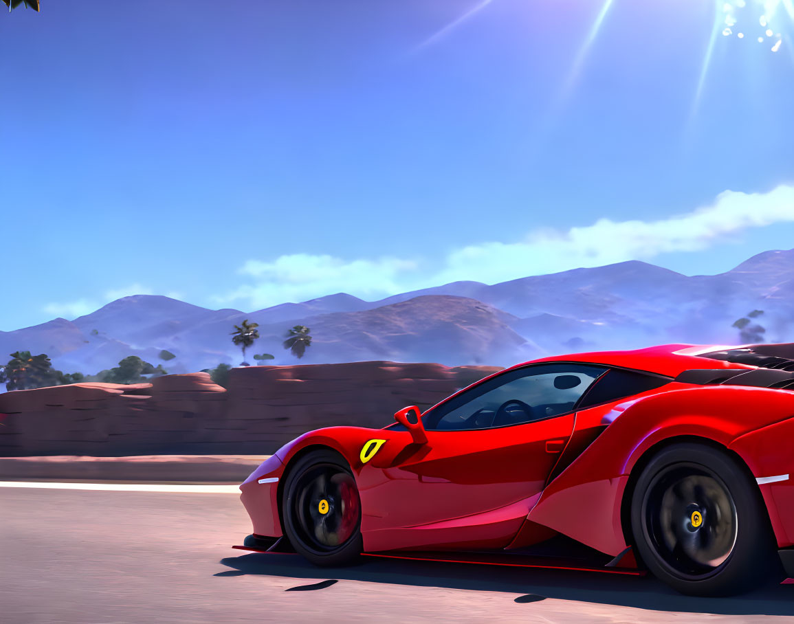 Red sports car driving on desert road with mountains and sun flare.