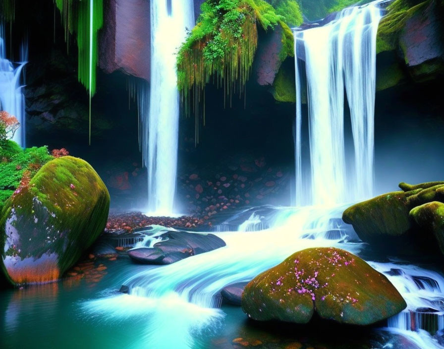 Tranquil waterfall scene with vibrant blue waters and lush greenery