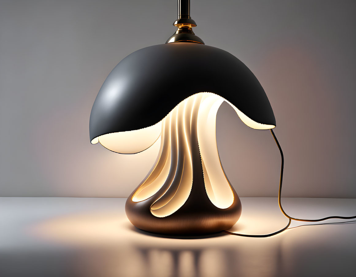 Stylized hanging lamp with black shade and golden stand on gradient background