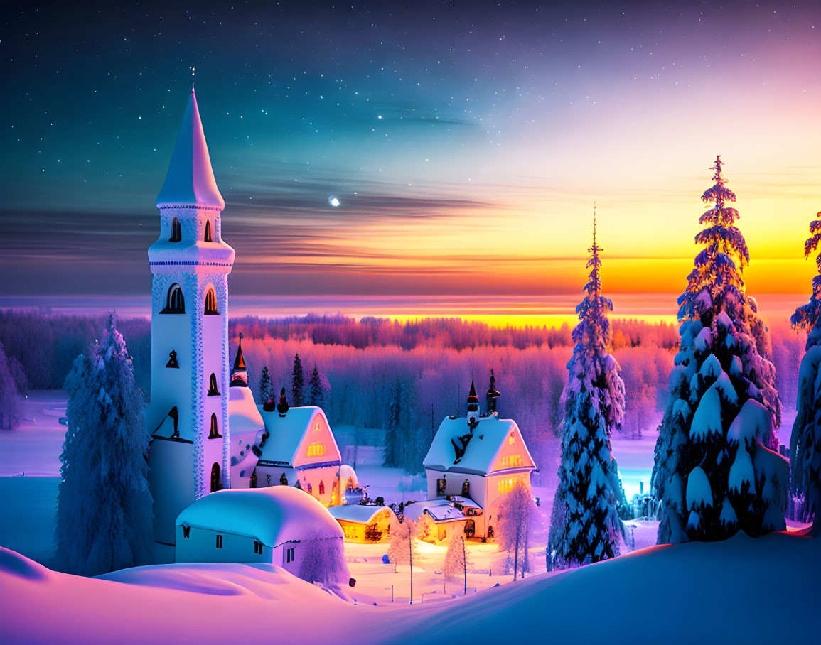 Snow-covered village at dusk with illuminated buildings, white tower, and starlit sky