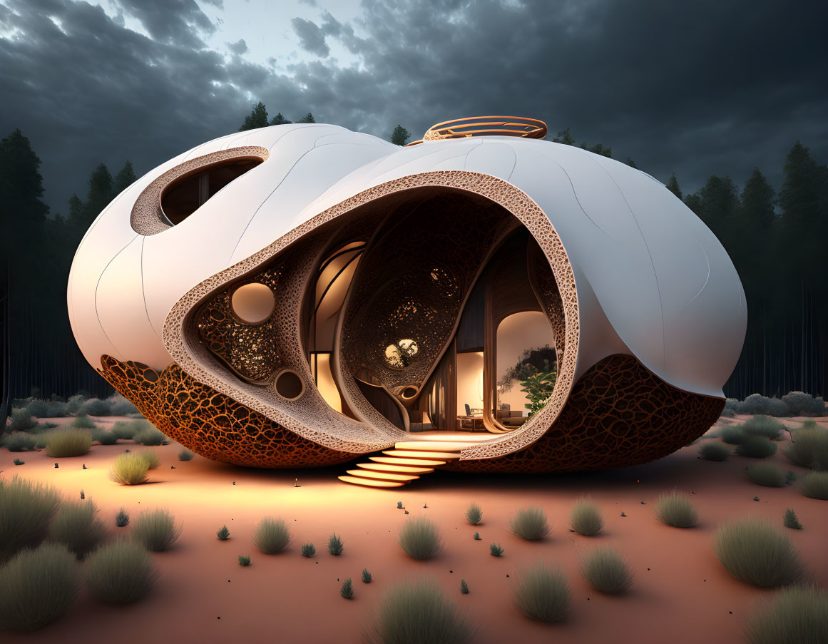 Futuristic white habitat with honeycomb interior in forest clearing