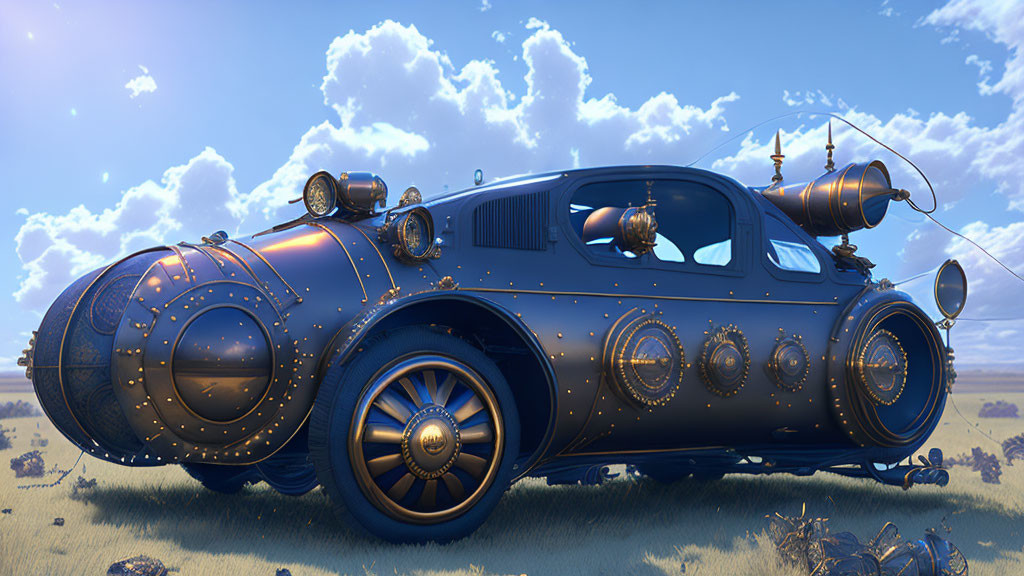 Steampunk-style vehicle with ornate bronze details in open field