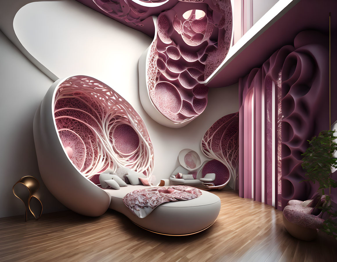 Futuristic interior with circular couch, pink tones, biomorphic wall design