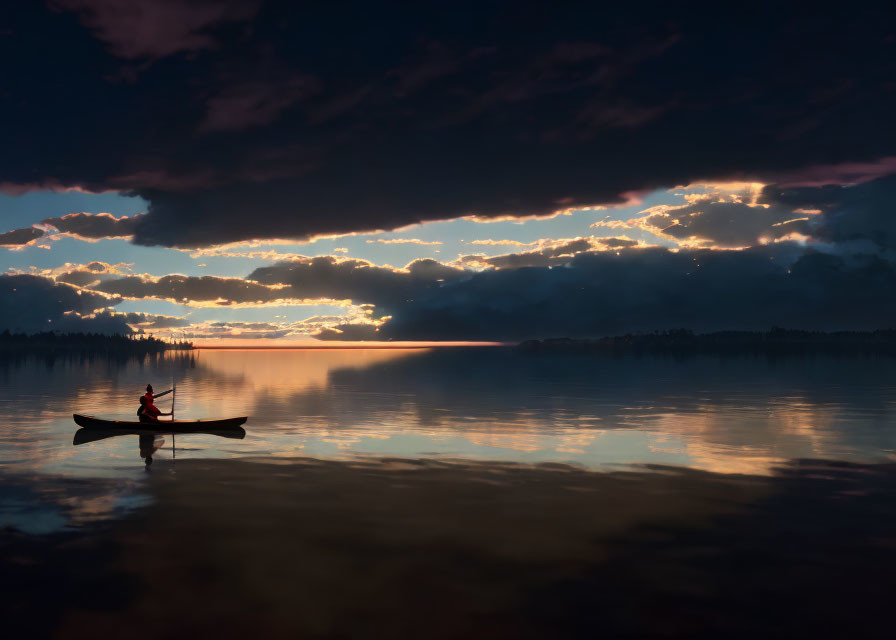 Person paddling canoe on tranquil lake at dramatic sunset with cloud-veiled rays.