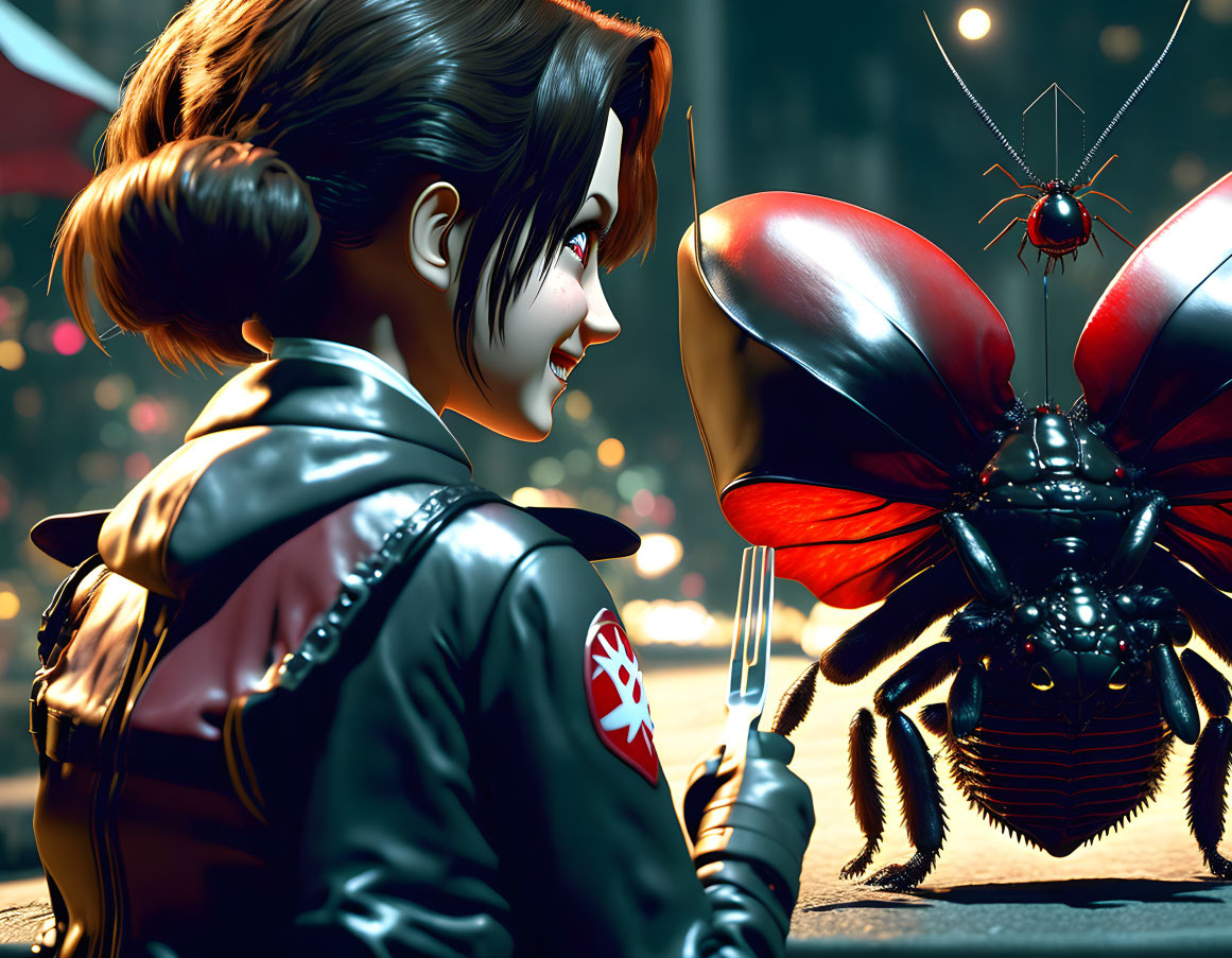 Smiling girl with fork meets giant mechanical beetle in vibrant urban night scene