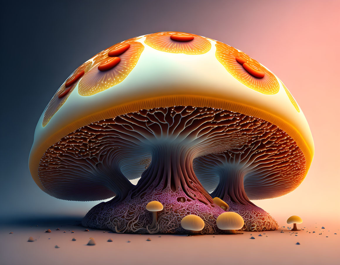 Vibrant 3D illustration of large mushroom with orange spots on white cap