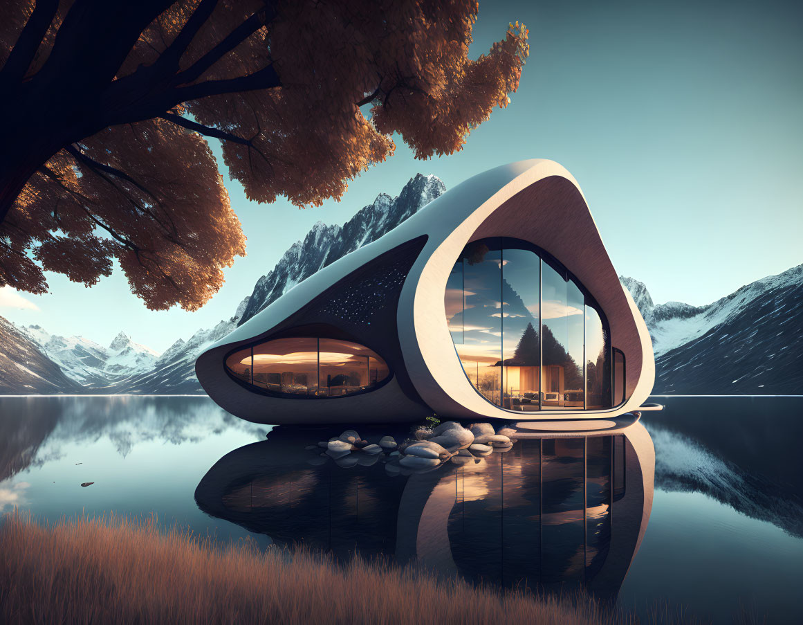Organic-shaped futuristic house by serene lake and mountains