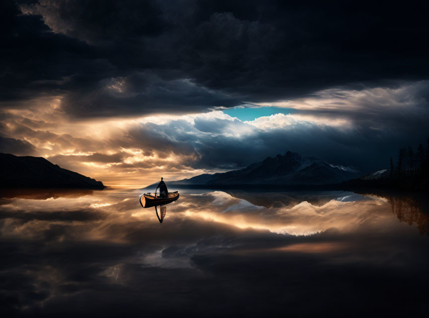 Person in boat on calm lake under dramatic sky with sunlight rays