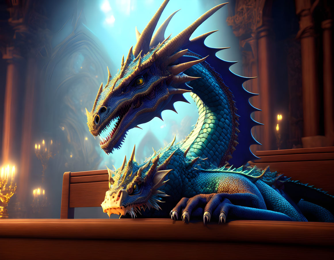 Blue dragon with horns and scales meets smaller dragon in grand hall