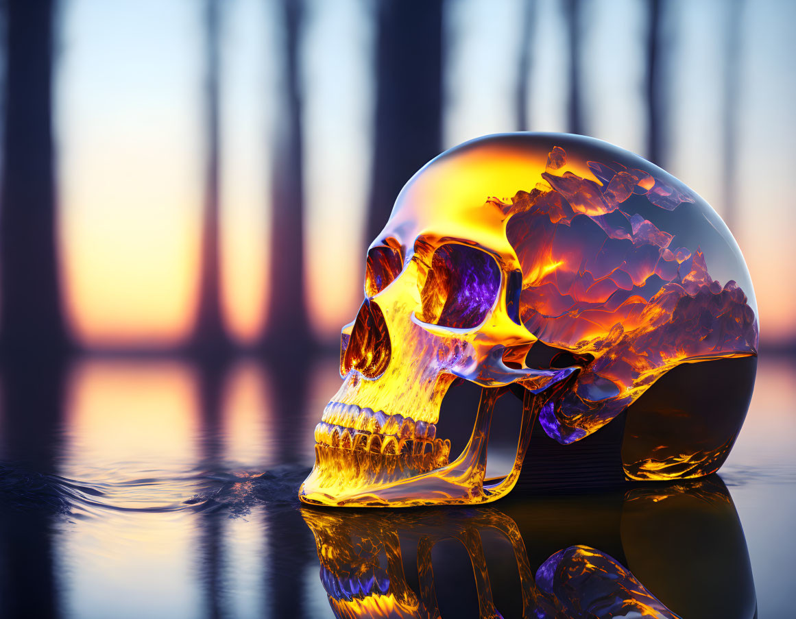 Translucent skull with amber and orange hues on reflective surface