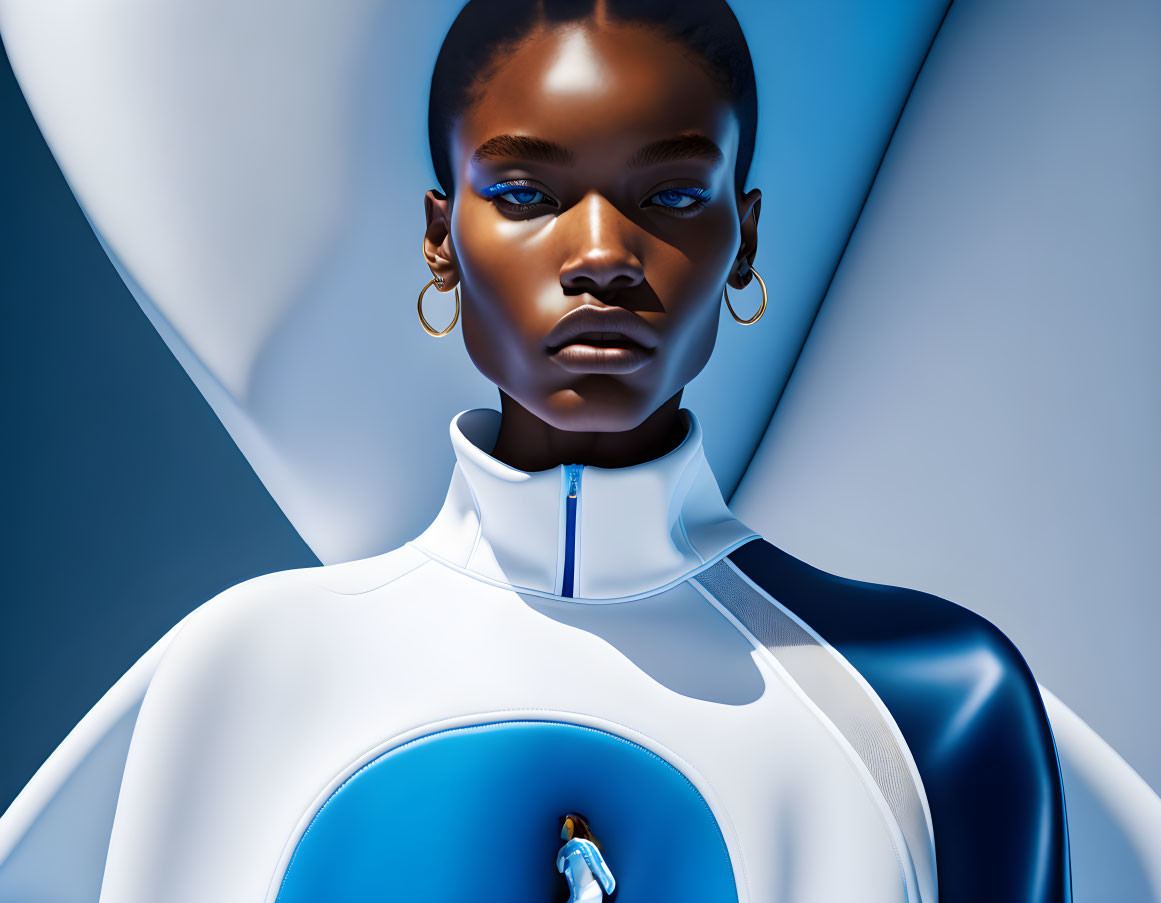 Futuristic digital artwork of woman in blue eyeshadow and geometric outfit