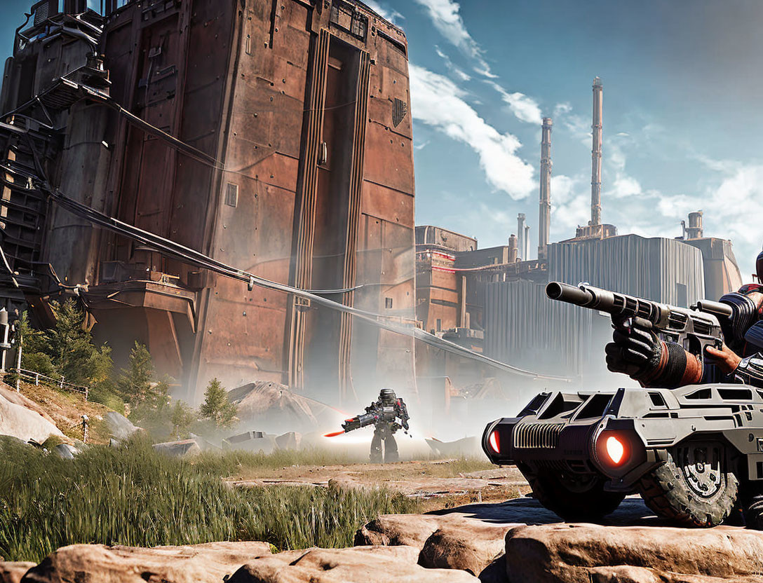 Futuristic battle scene with soldier, large gun, armored vehicle, and enemy near industrial facility