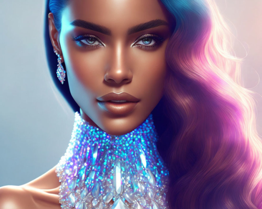 Digital artwork: Woman with blue-purple hair, sparkling jewelry, intense makeup on soft-focus background