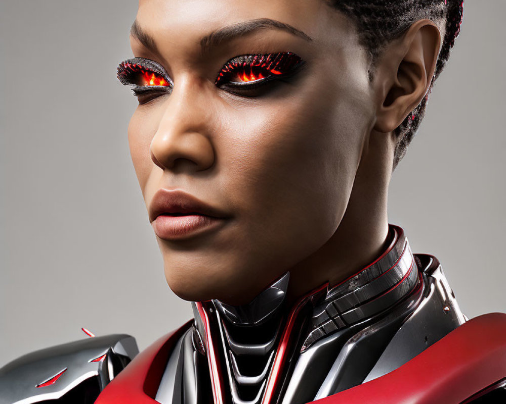 Portrait of Woman in Striking Red Eye Makeup and Futuristic Armor