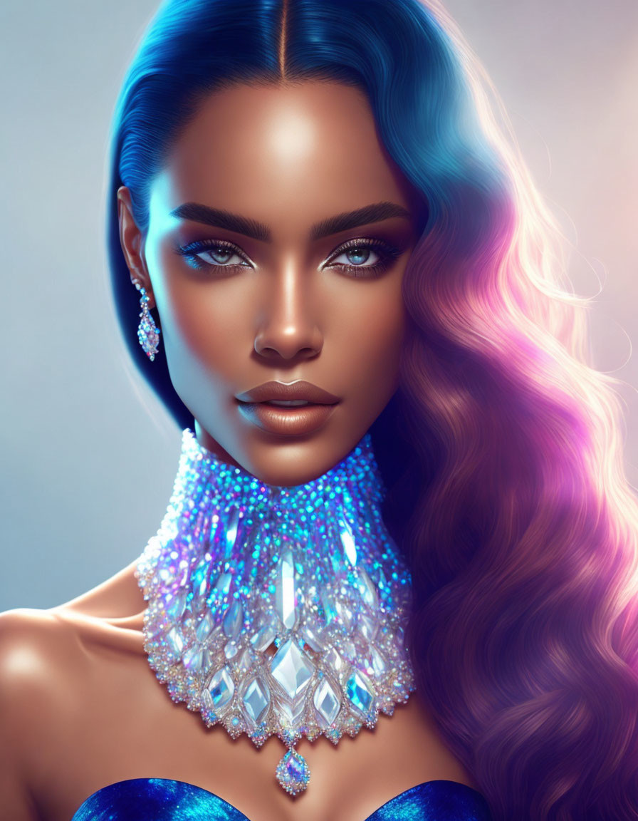 Digital artwork: Woman with blue-purple hair, sparkling jewelry, intense makeup on soft-focus background