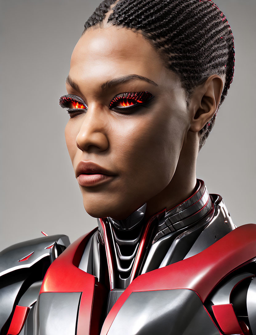 Portrait of Woman in Striking Red Eye Makeup and Futuristic Armor