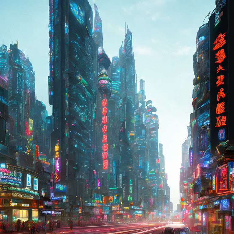 Futuristic neon-lit cityscape with skyscrapers and glowing billboards