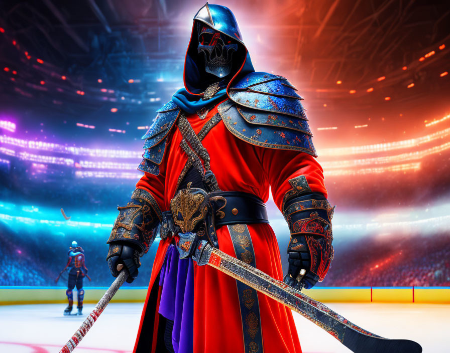 Knight in skull mask wields hockey stick on ice rink