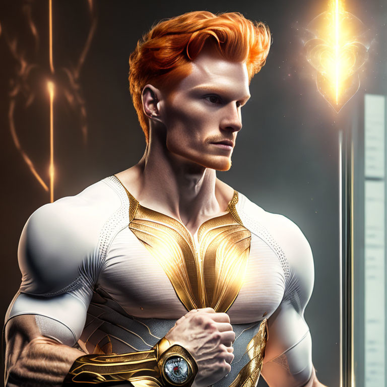Muscular red-headed male superhero in white and gold suit with glowing emblem