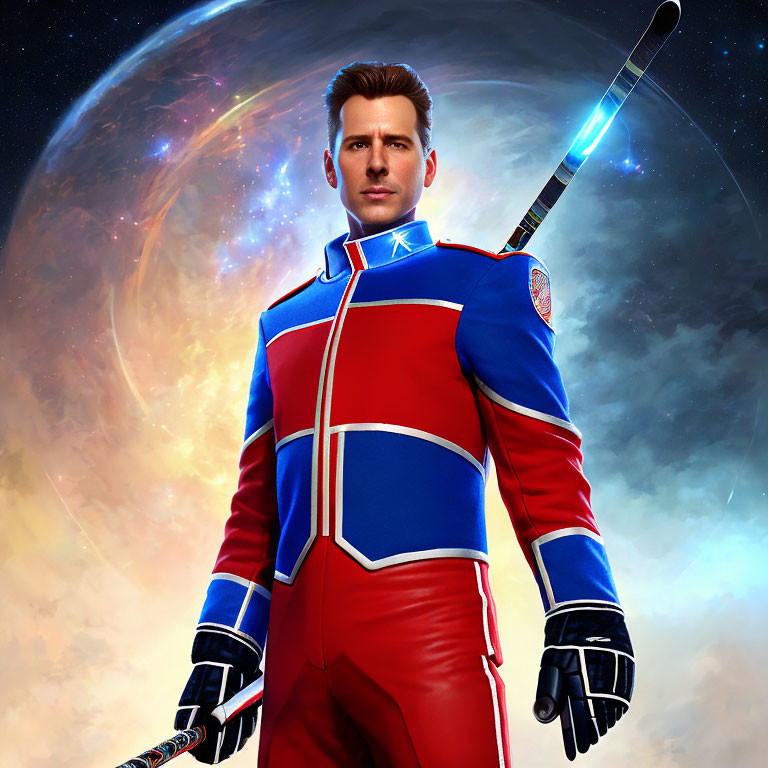 Man in red and blue futuristic suit holding baton against cosmic backdrop.