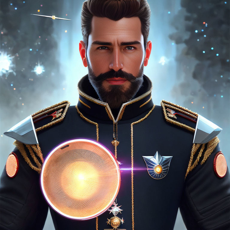 Futuristic military uniform portrait of a bearded man