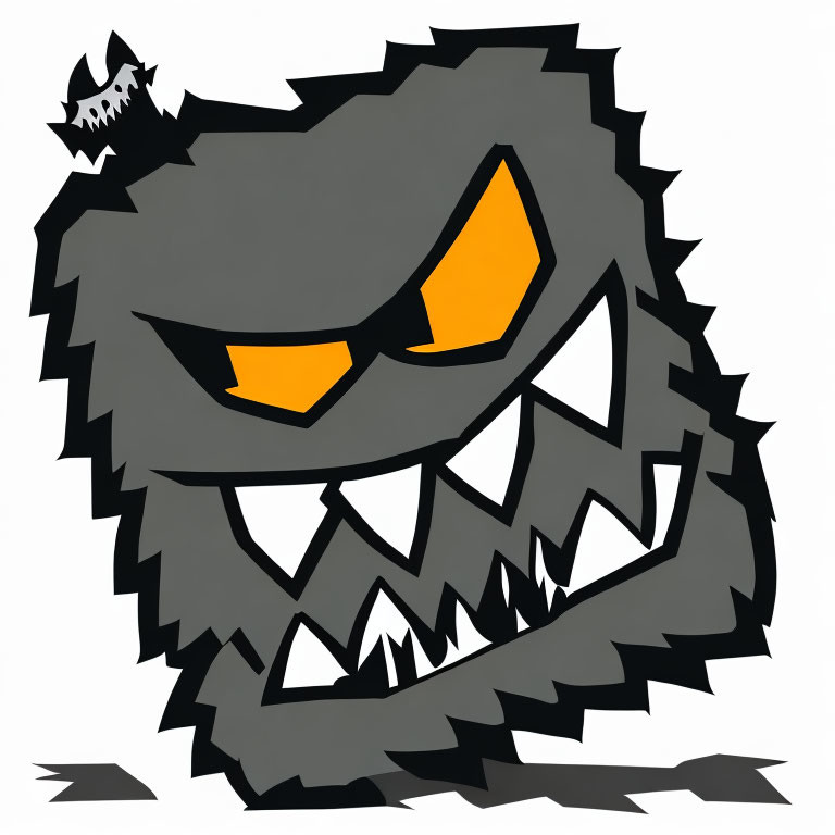 Gray cartoon monster face with sharp teeth and yellow eyes.