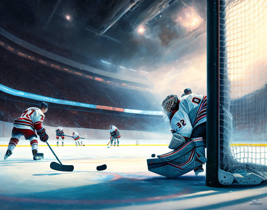 Ice hockey players in action on illuminated rink