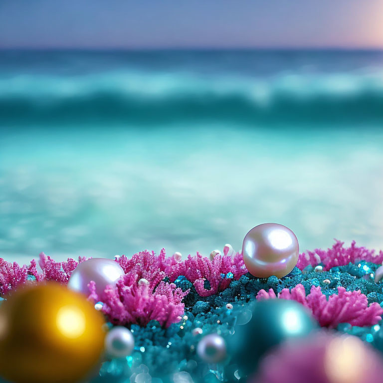 Ornamental spheres and pearls on pink coral with turquoise sea backdrop